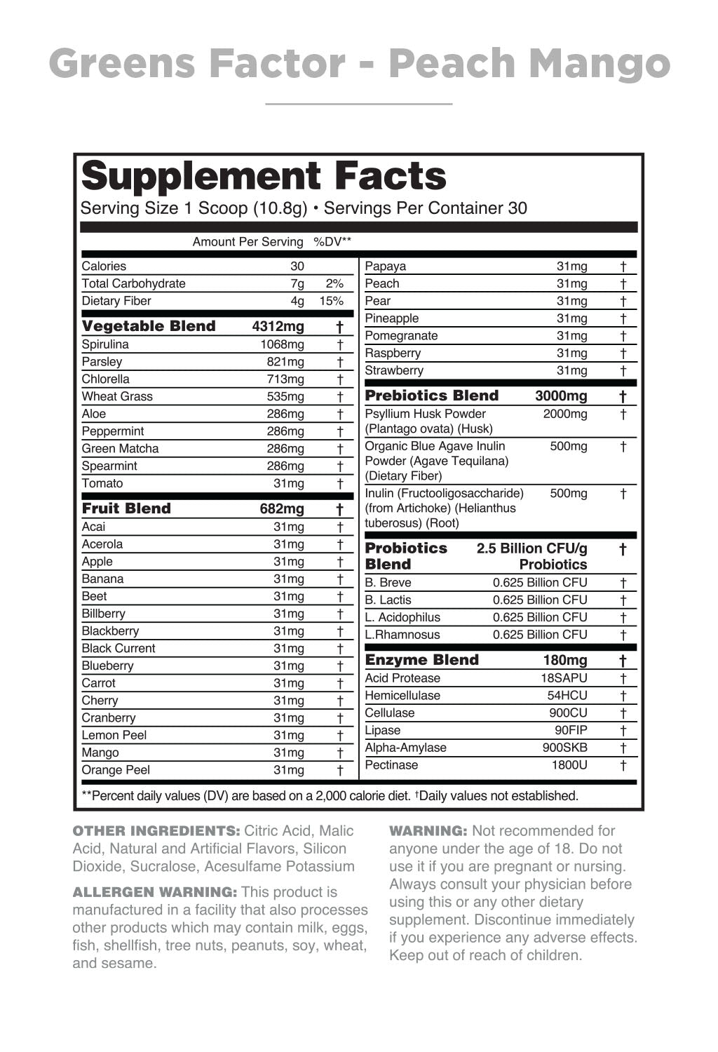Greens Factor - Peach Mango - Supplement Facts