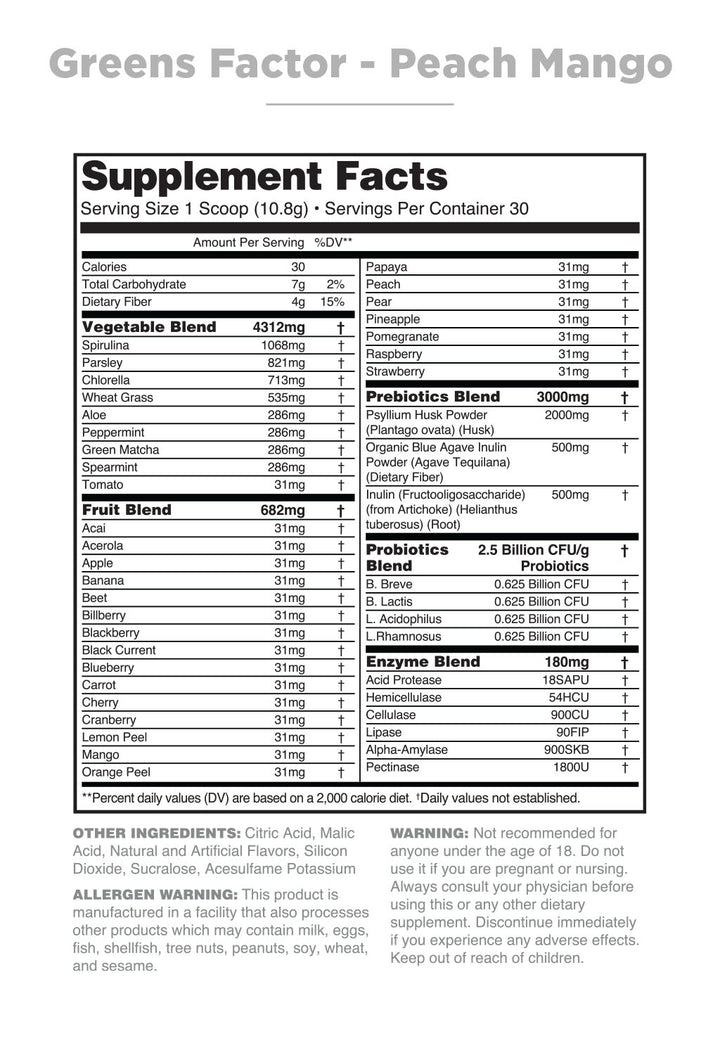 Greens Factor - Peach Mango - Supplement Facts