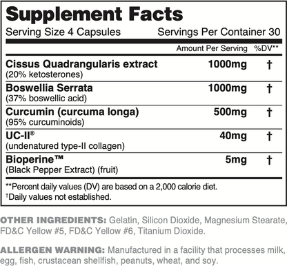 joint factor ingredients: cissus, boswellia, curcumin, UC-II, Bioperine